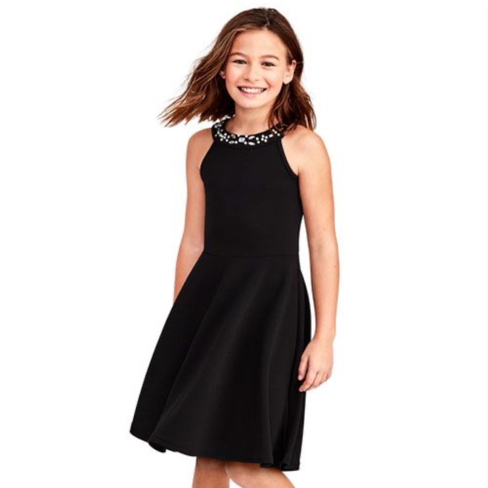 CHILDREN’S PLACE Black Halter Dress With A Pearl & Crystal Neckline SZ: L 11/12